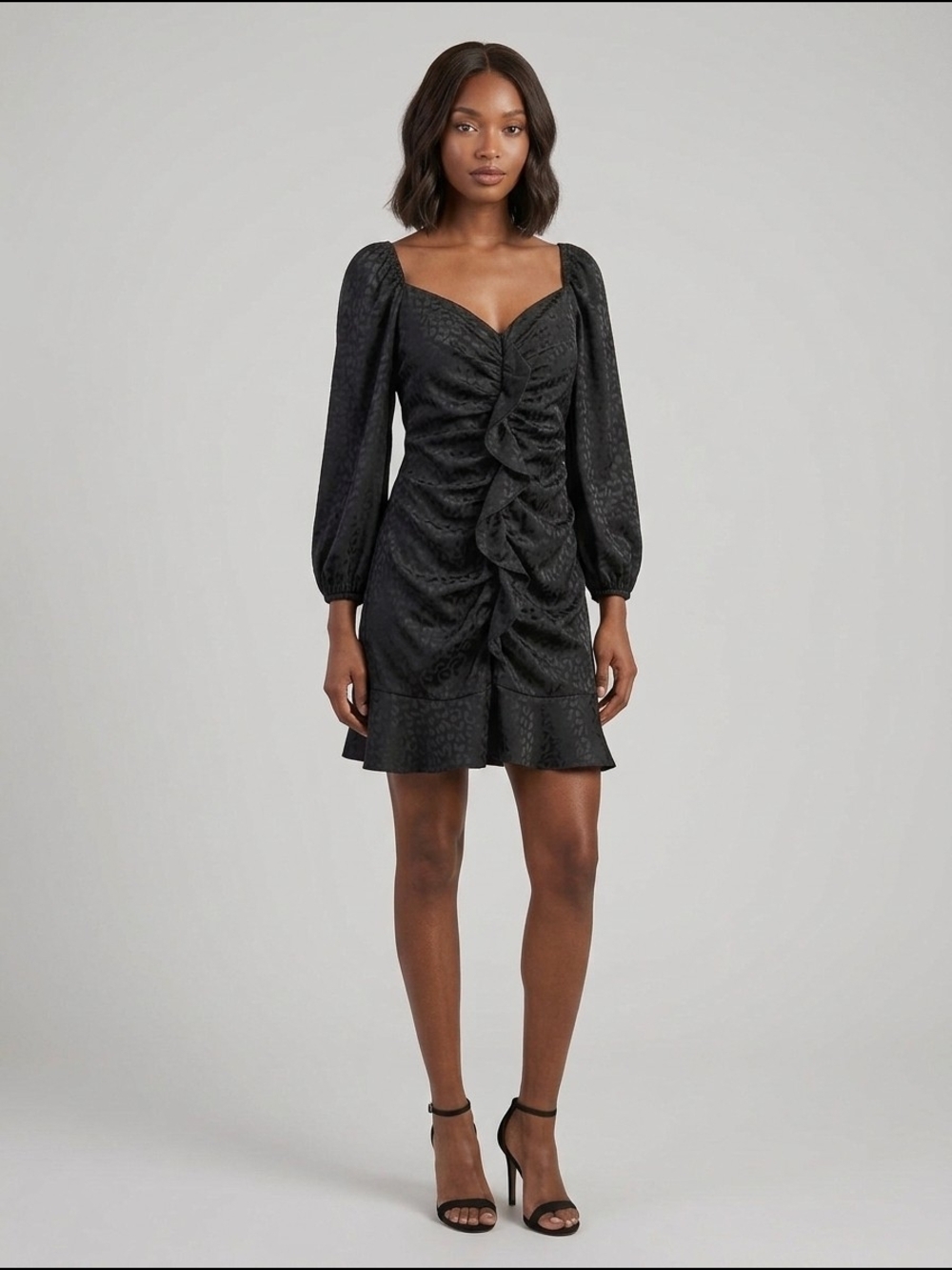 She + Sky Black Ruched Mini Dress with Puff Sleeves